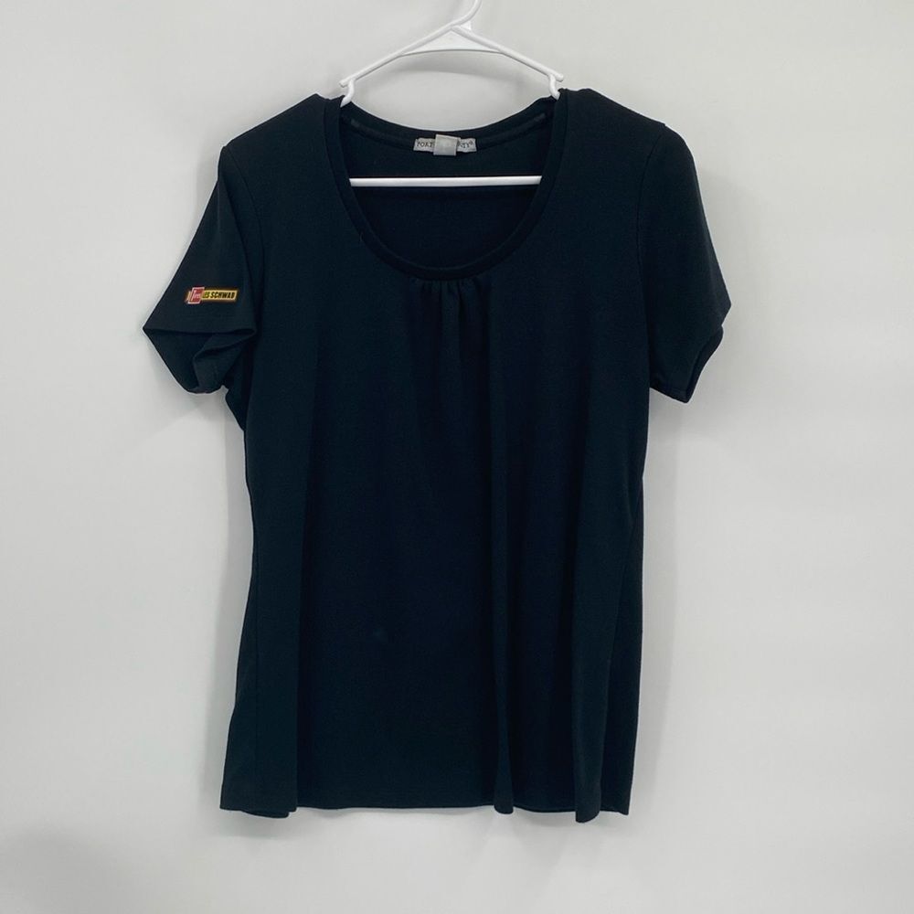 Port Authority Les Schwab Black Short Sleeve Shirt Scoop Neck Rouched Ladies L